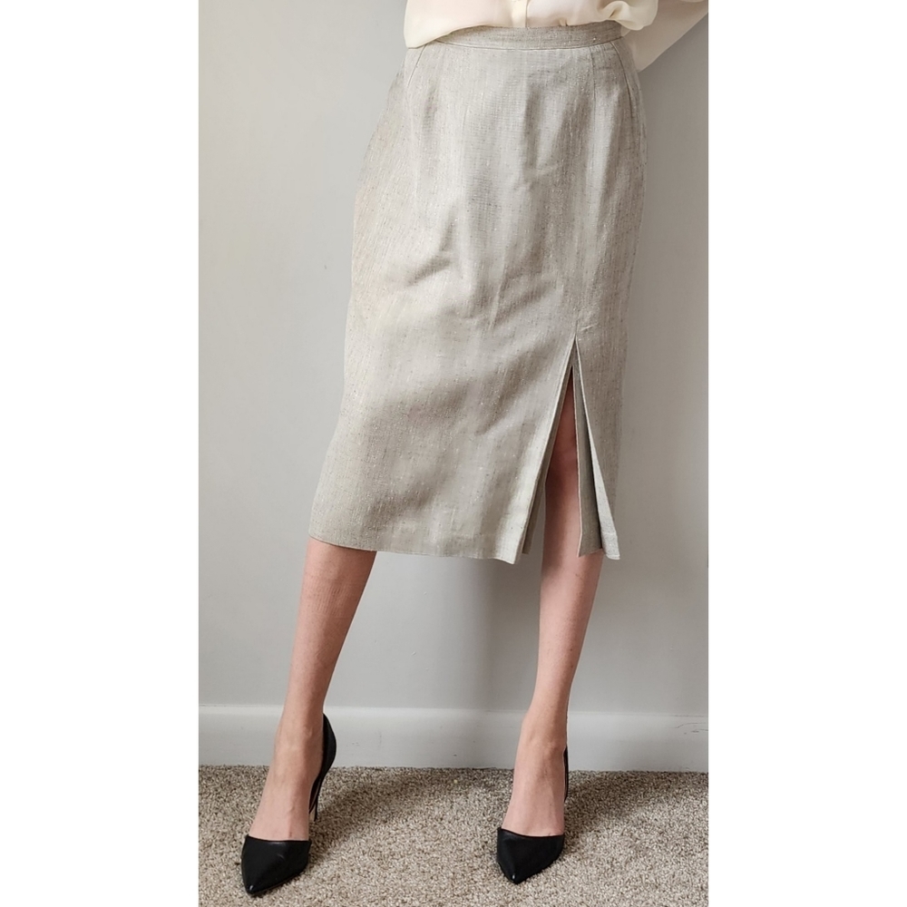 Vintage Linen Blend Pencil Skirt 14 Beige Gray Front Slit